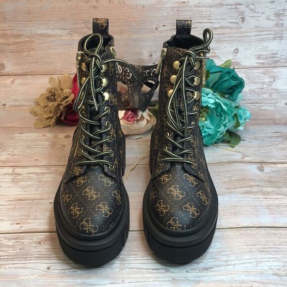 Guess Black/Gold Ferina Combat Lace up Boots - Picture 2 of 8